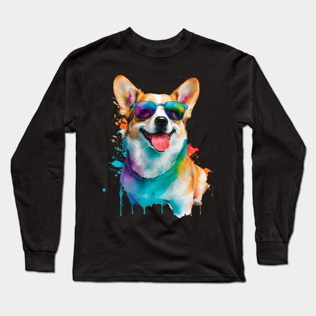 Rainbow Corgi in Sunglasses Funny Corgi Dog Lovers Long Sleeve T-Shirt by Ai Wanderer